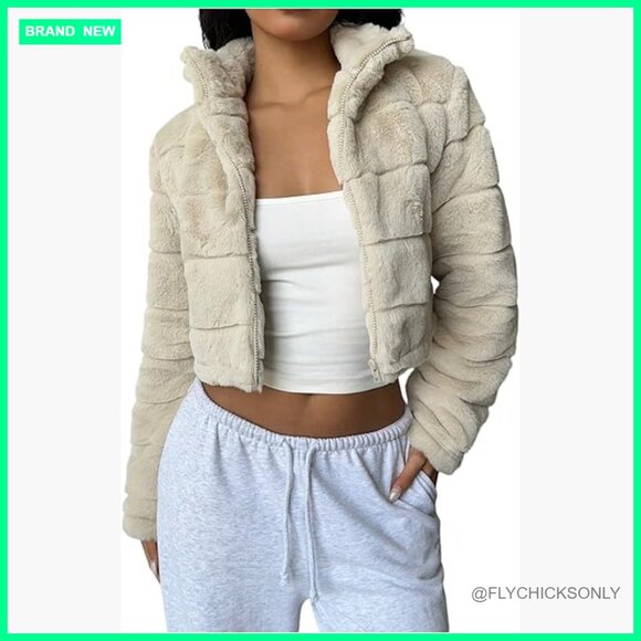 Jackets & Blazers - Faux Fur Cropped Jacket Long Sleeve Winter Outerwear